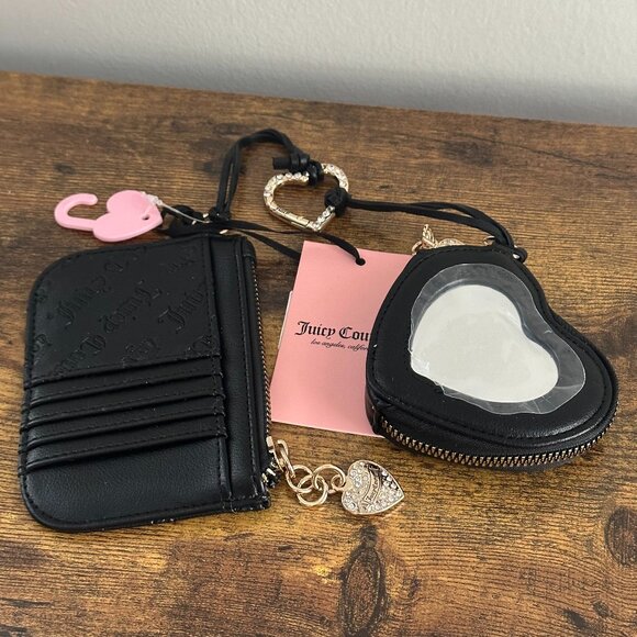 NWT Juicy Couture Wristlet Bundle Wallet Heart Mirror Cardholder Liquorice Black - Picture 1 of 3